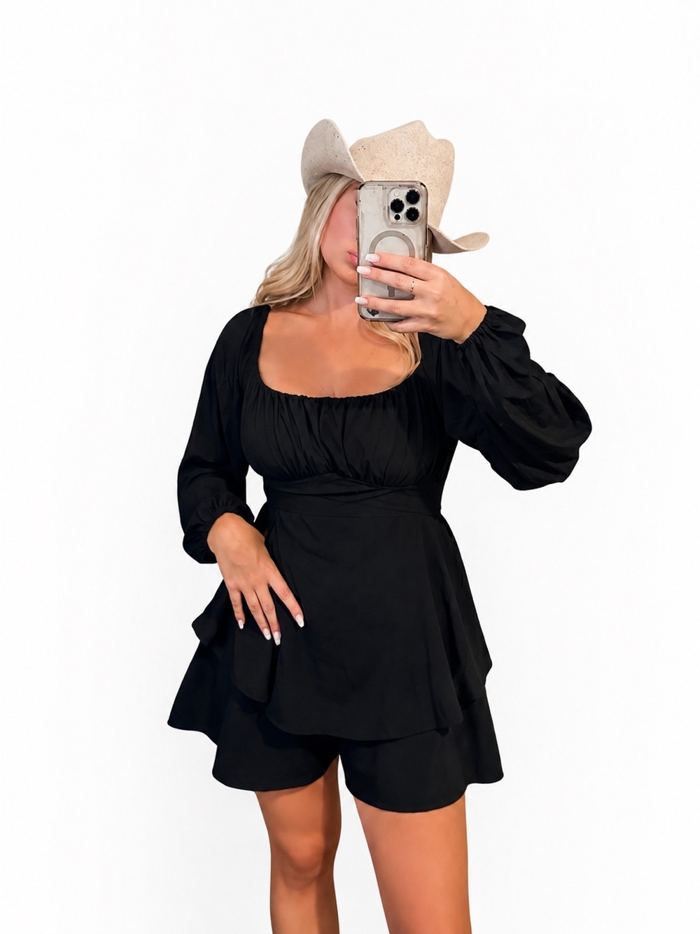 Women's Long Sleeve Square Neck Black Romper